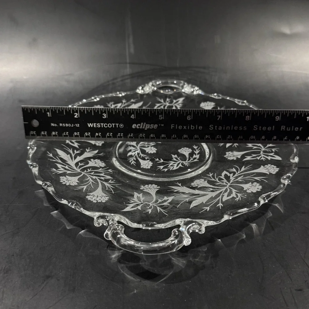 Vintage 9' Pressed Glass Serving Plate w Handles Floral Pattern‎ Scalloped Edge